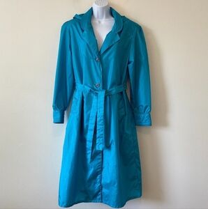 Vintage 80s The Totes Coat Teal Raincoat Hooded & Belted Womens 10P Petite